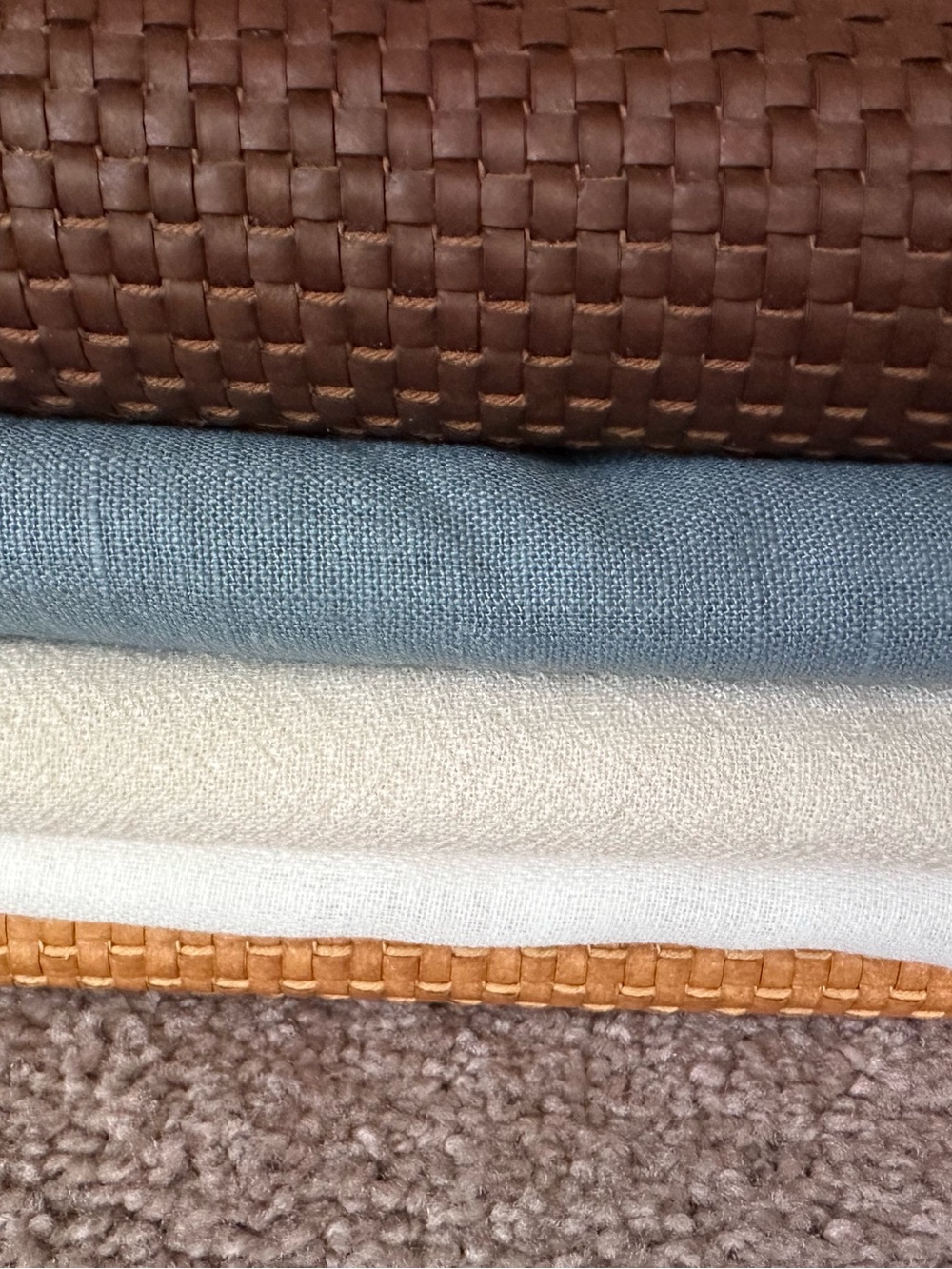 Neutral Leather-Trimmed Folded Throw or Scarf Stack - Brown, Blue, Cream